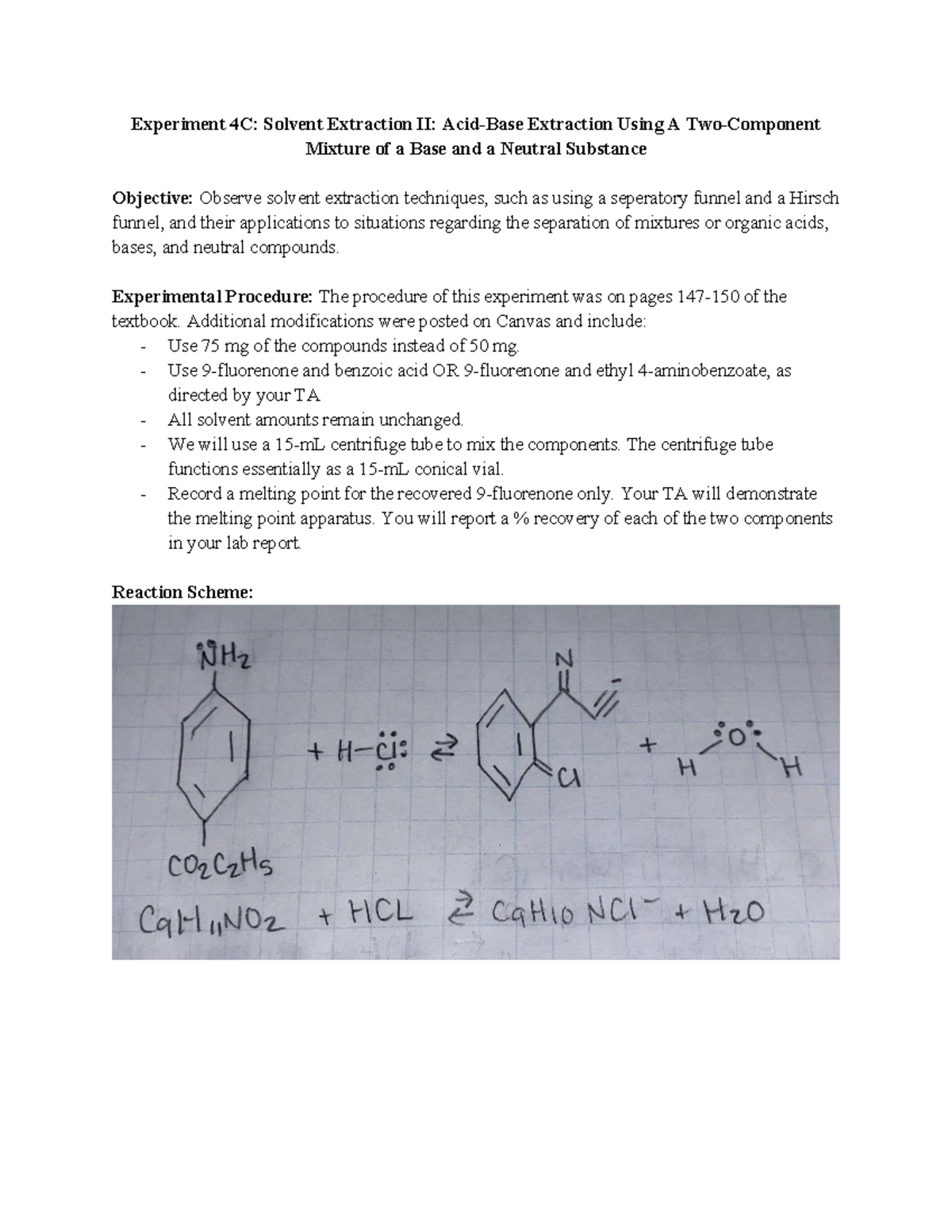 Lab 3 Lab report 3 Solvent Extraction II AcidBase Extraction Using