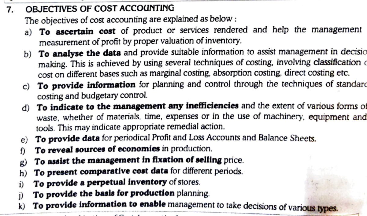 Cost Accounting Short Notes Objecttves Of Cost Accounting The Objectives Of Cost Accounting