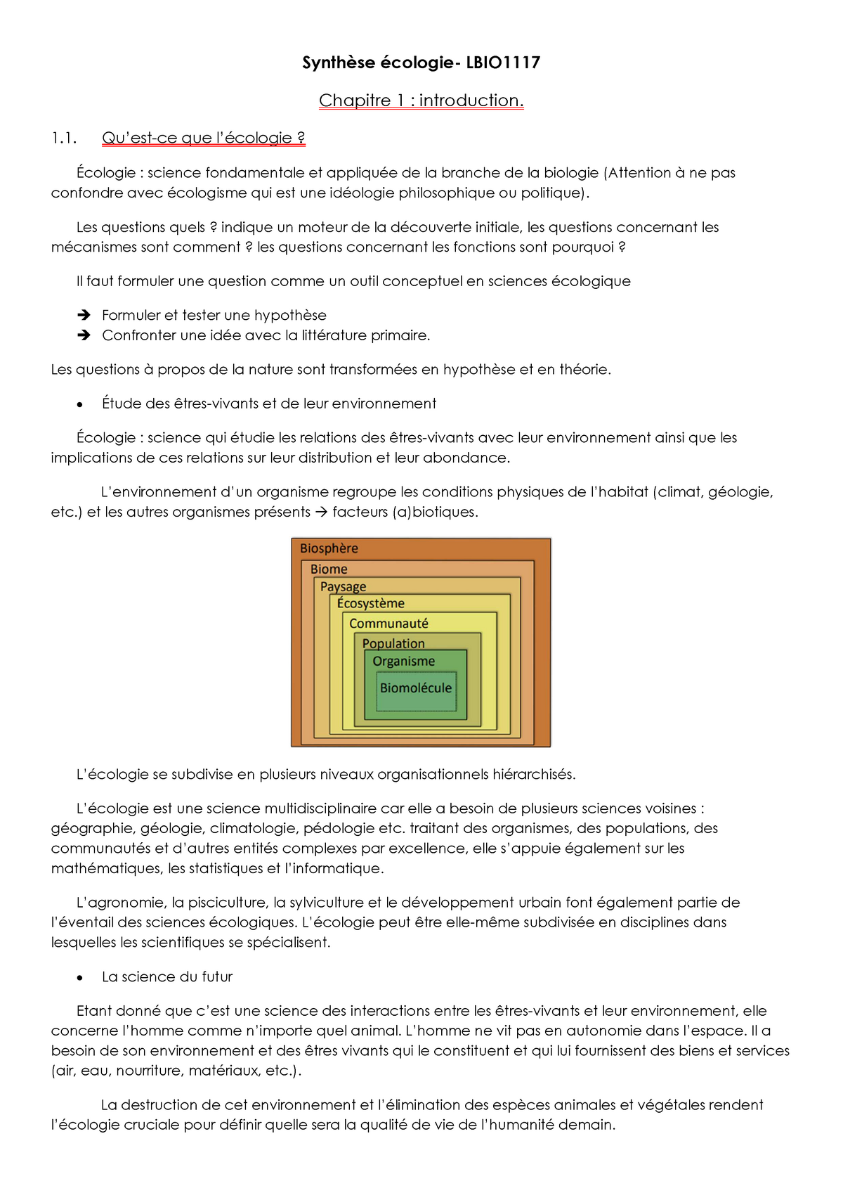 Synthèse écologie LBIO1017 - Synthèse écologie- LBIO Chapitre 1 ...