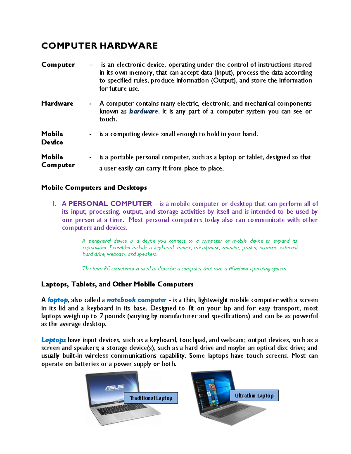 Computer Hardware - COMPUTER HARDWARE Computer – is an electronic ...