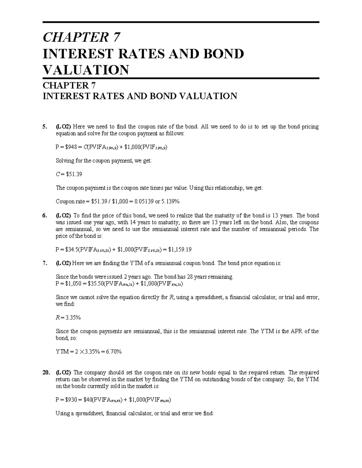 Chap7solutions - CHAPTER 7 INTEREST RATES AND BOND VALUATION CHAPTER 7 ...