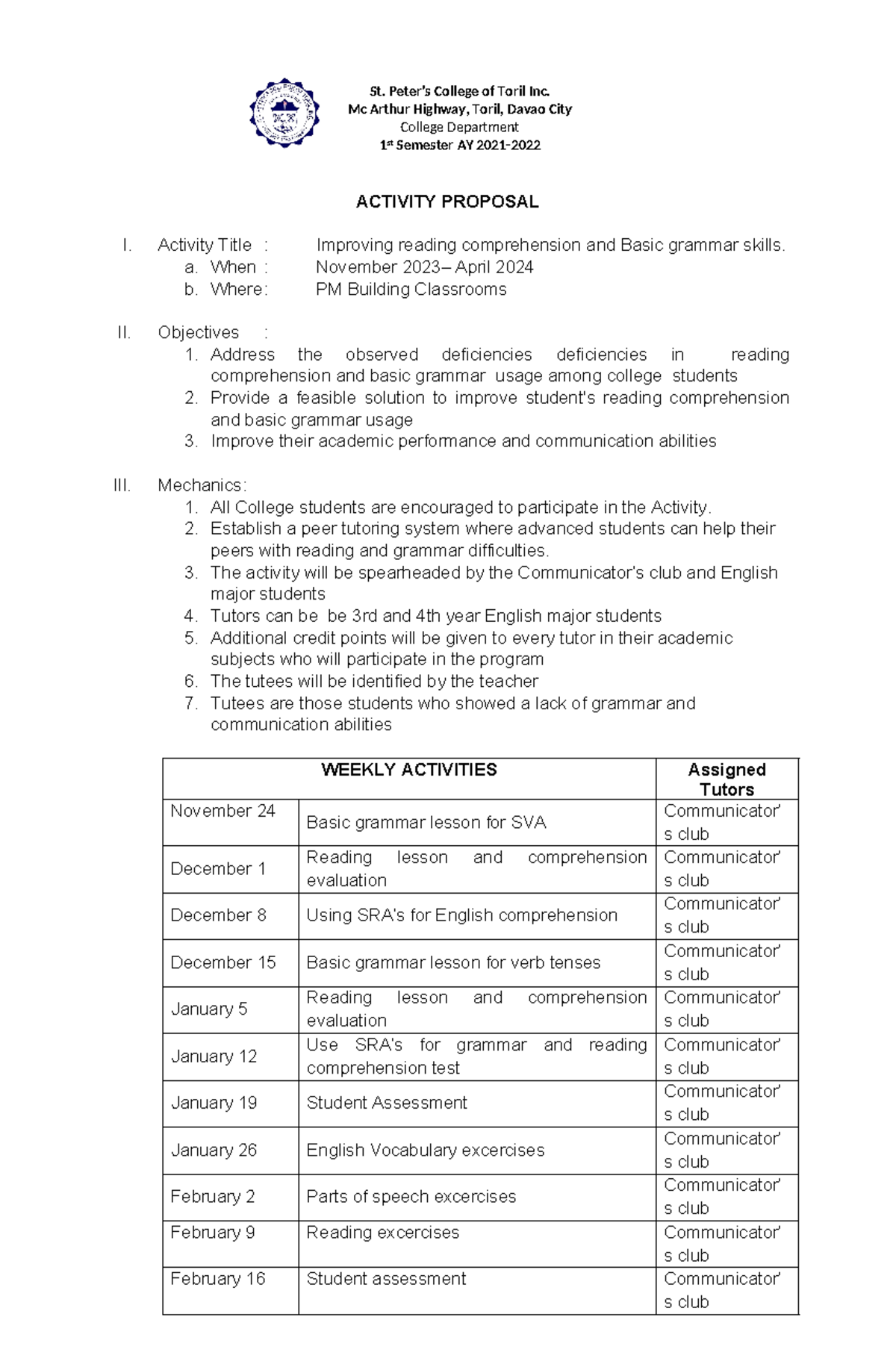 Proposal FOR COMM CLUB - St. Peter’s College of Toril Inc. Mc Arthur ...