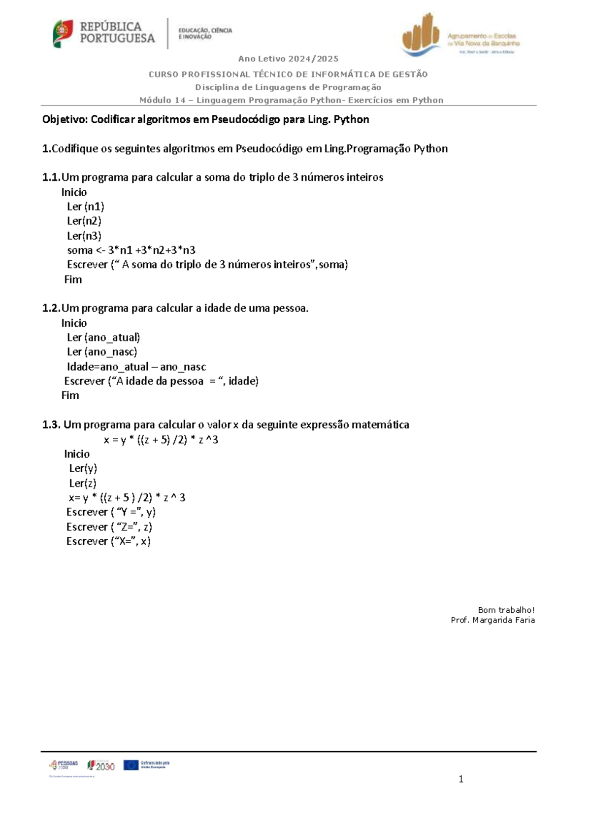 M14 - Exercicios Python - Ano Letivo 2024/ CURSO PROFISSIONAL TÉCNICO ...
