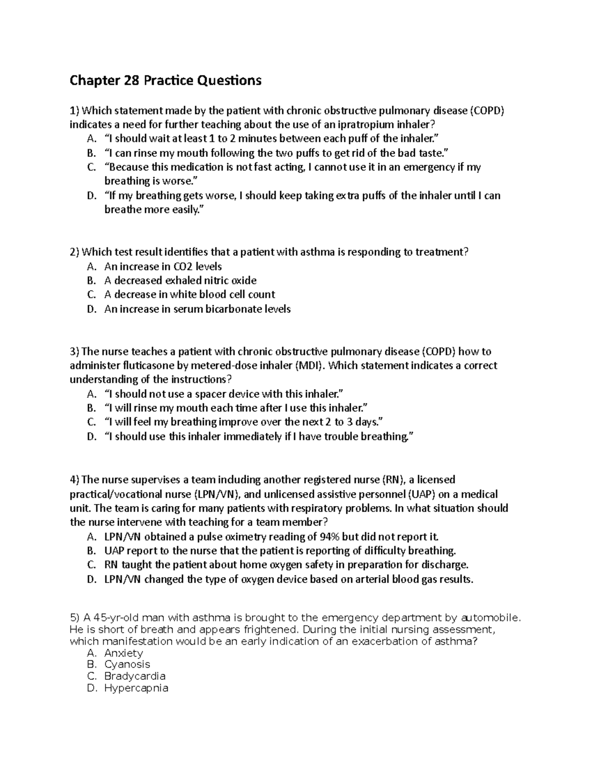 Chapter 28 Questions Asthma-COPD - Chapter 28 Practice Questions 1 ...