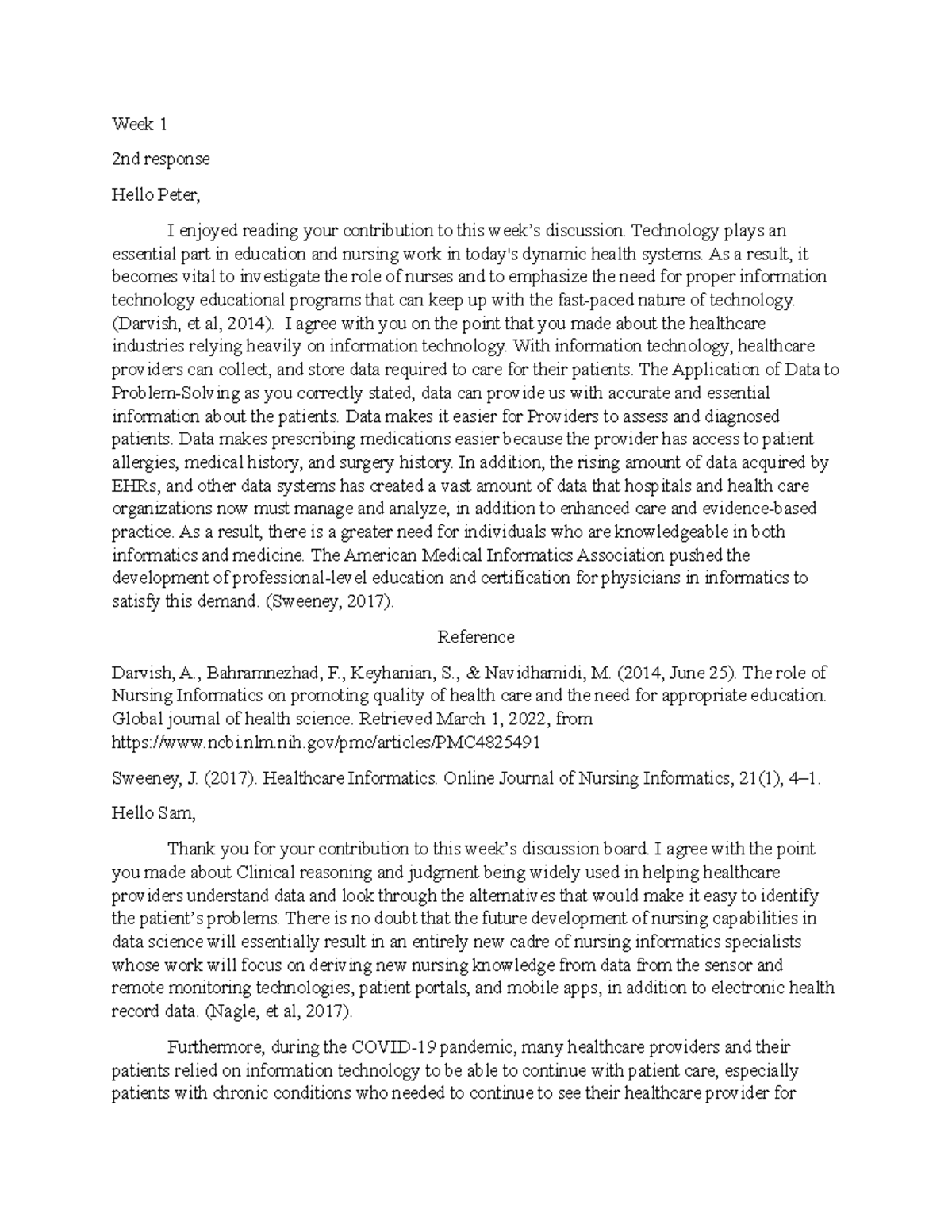 Transforming Nursing Health Care Week 1 Week 1 2nd response Hello