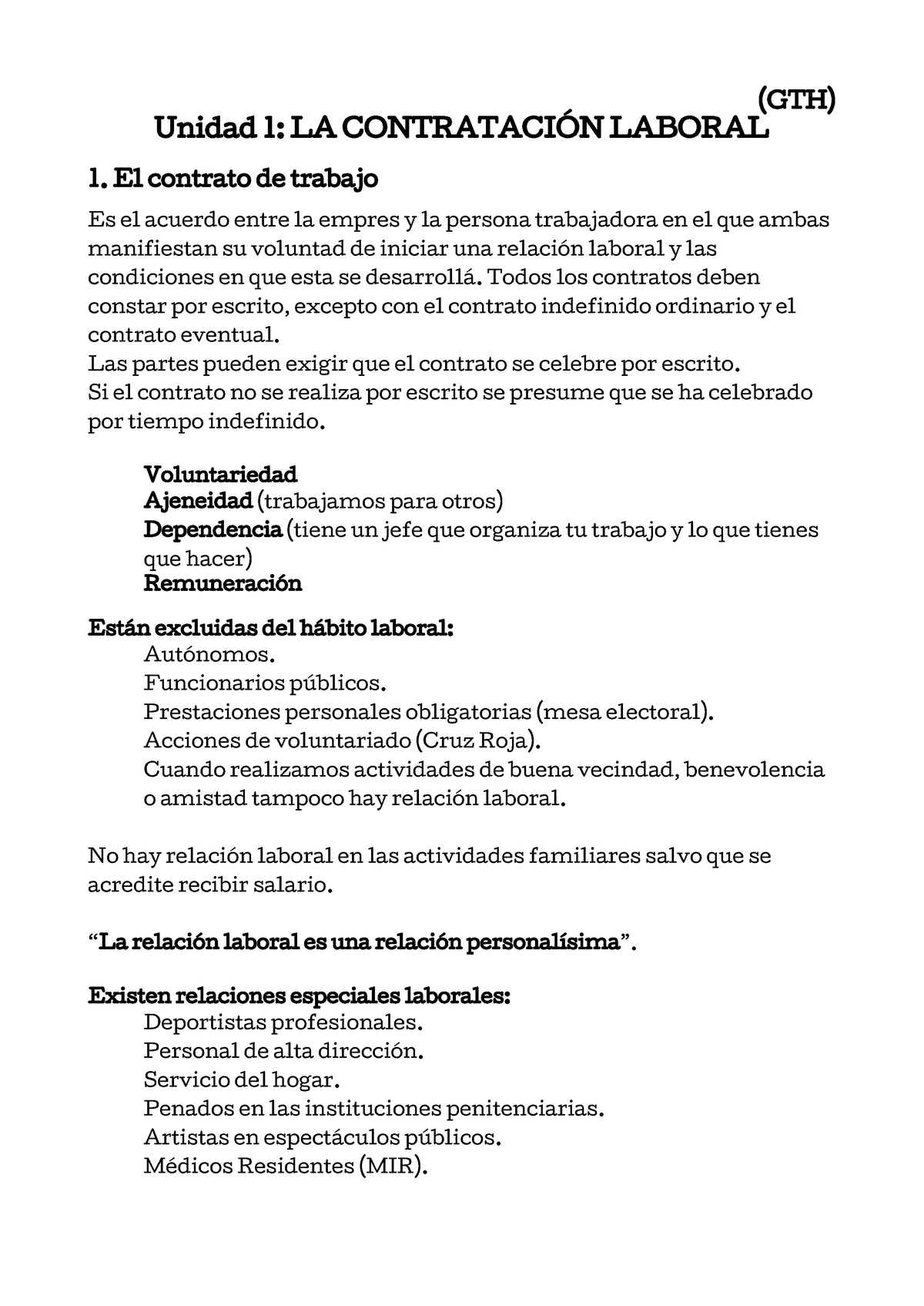 Resumen Gth Libro Gth Unidad 1 La ContrataciÓn Laboral 1 El Contrato De Trabajo Es El 7070