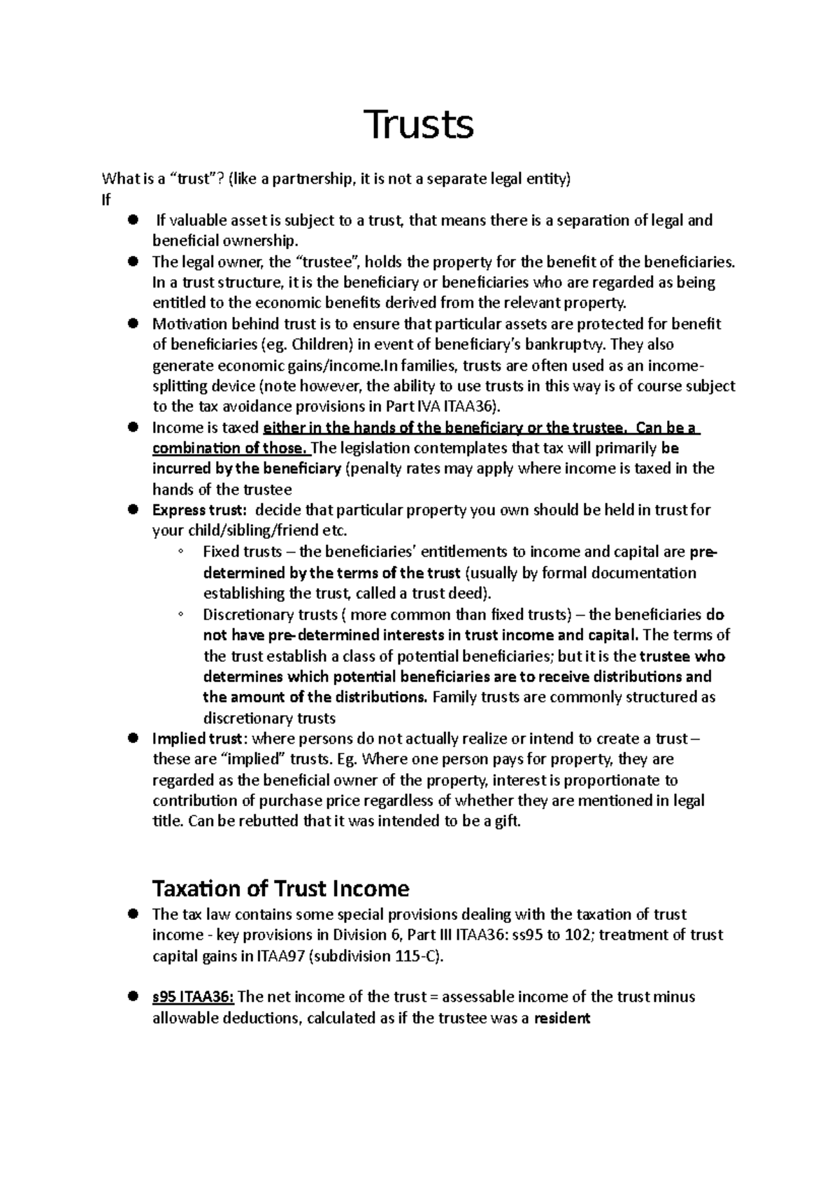 Trusts EXAM Notes - Trusts What Is A “trust”? (like A Partnership, It ...