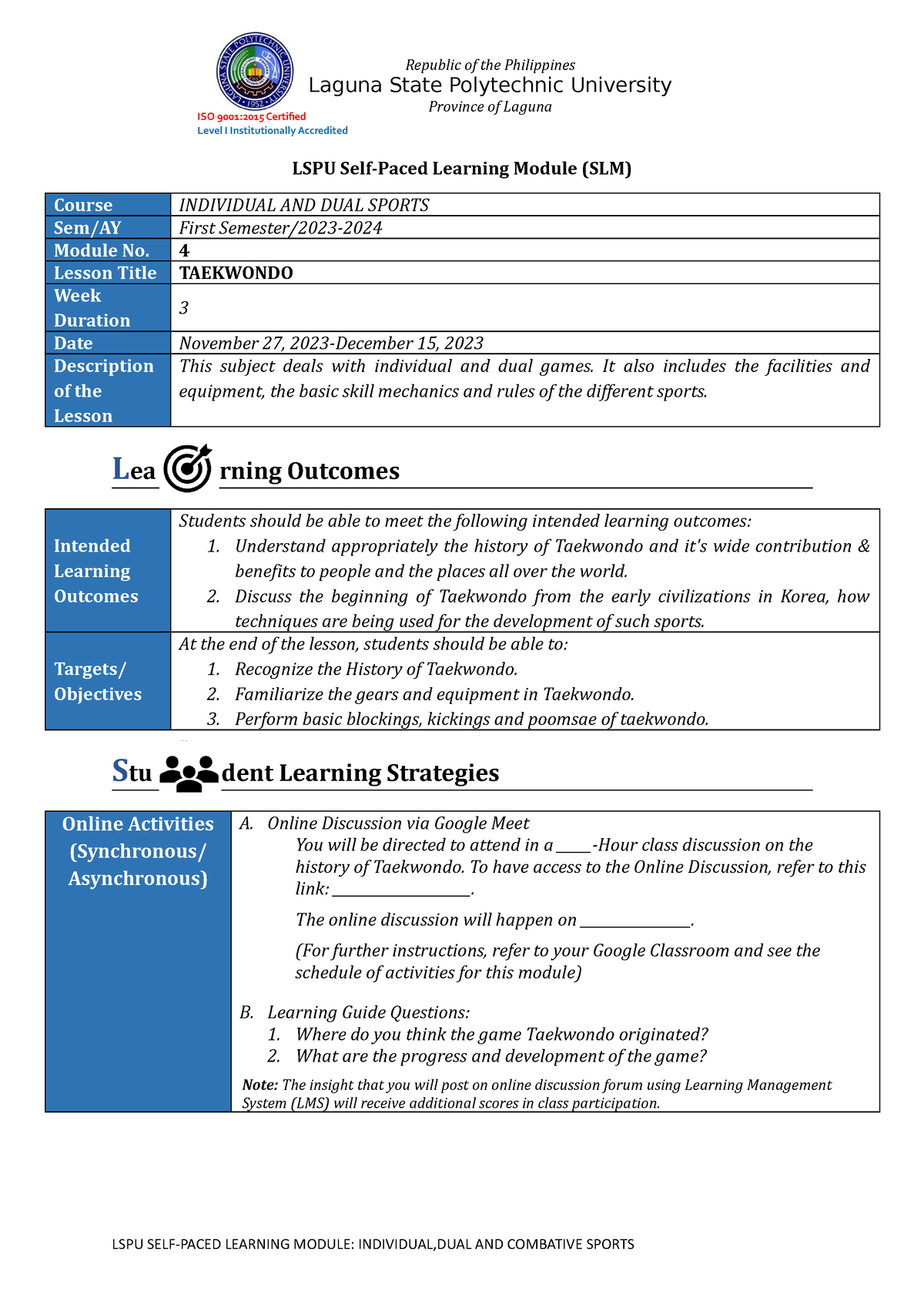 PE 3 Module 4 - Combative Sports - ISO 9001:2015 Certified Level I ...