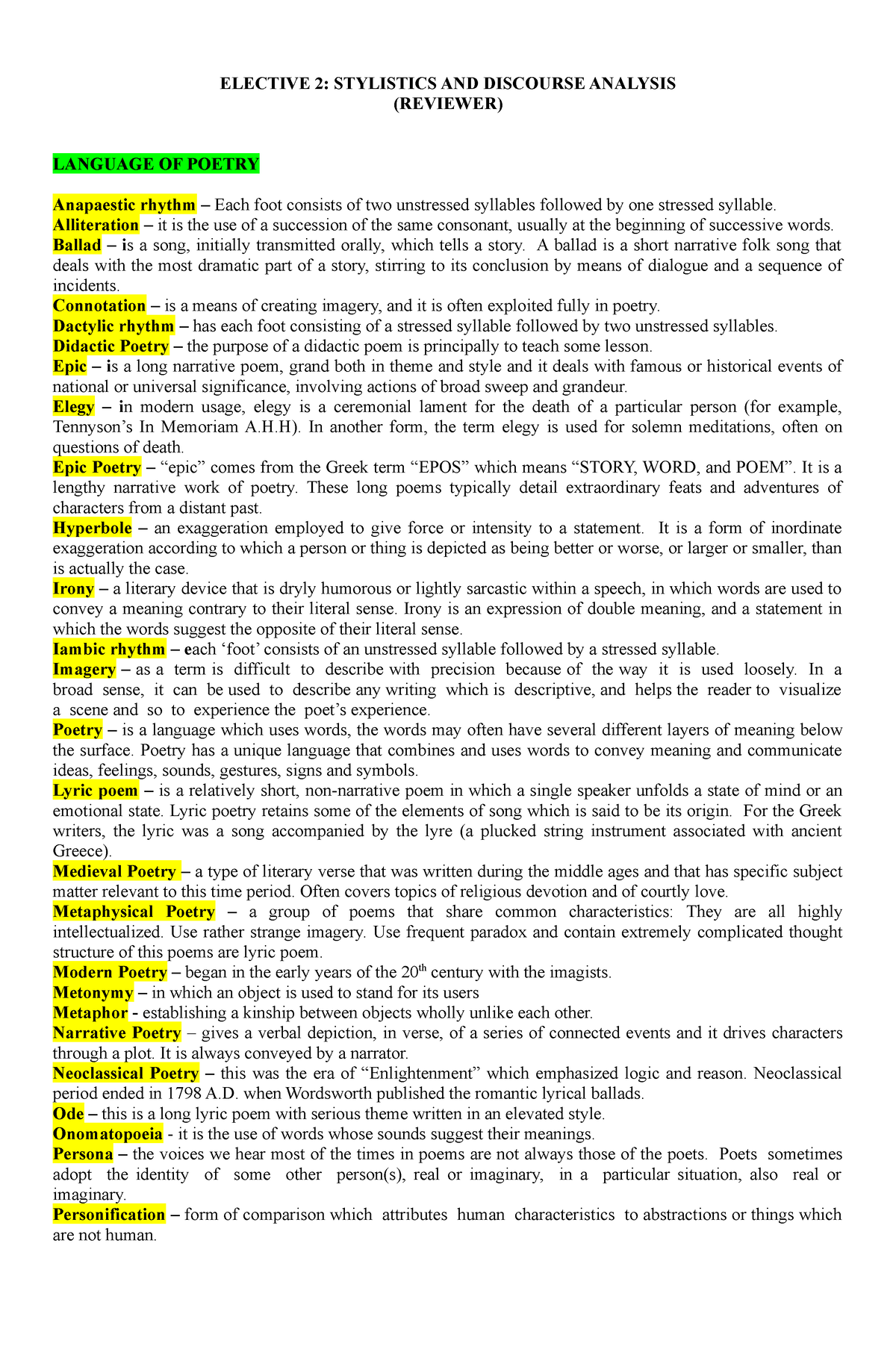 Reviewer- Stylistics - For Notes - ELECTIVE 2: STYLISTICS AND DISCOURSE ...