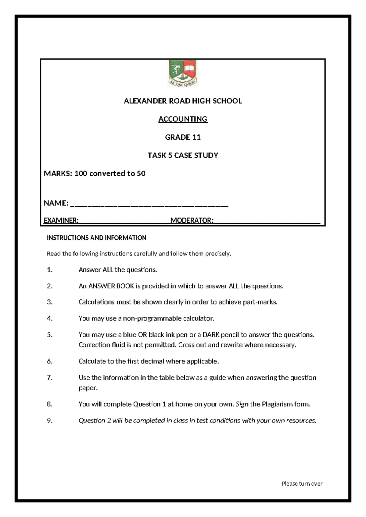 11 ACC TASK 5 CASE Study QP AB TERM 3 2022 - ALEXANDER ROAD HIGH SCHOOL ...