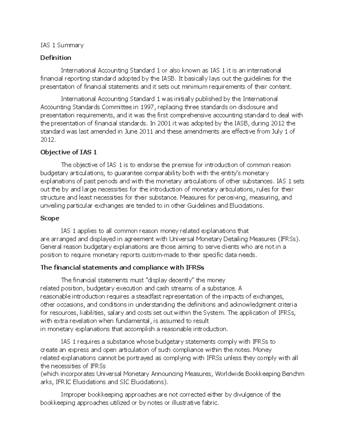  IAS 1 Summary Summarization Of Ias 1 IAS 1 Summary Definition 