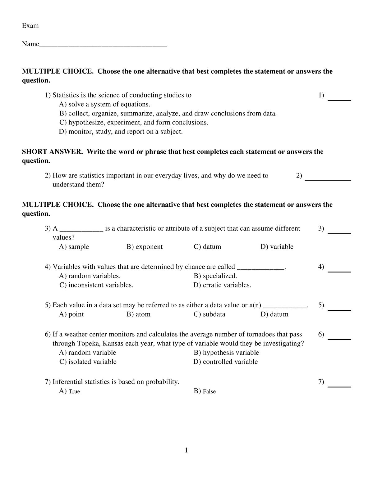 Chapter 1 worksheet - Exam Name ...