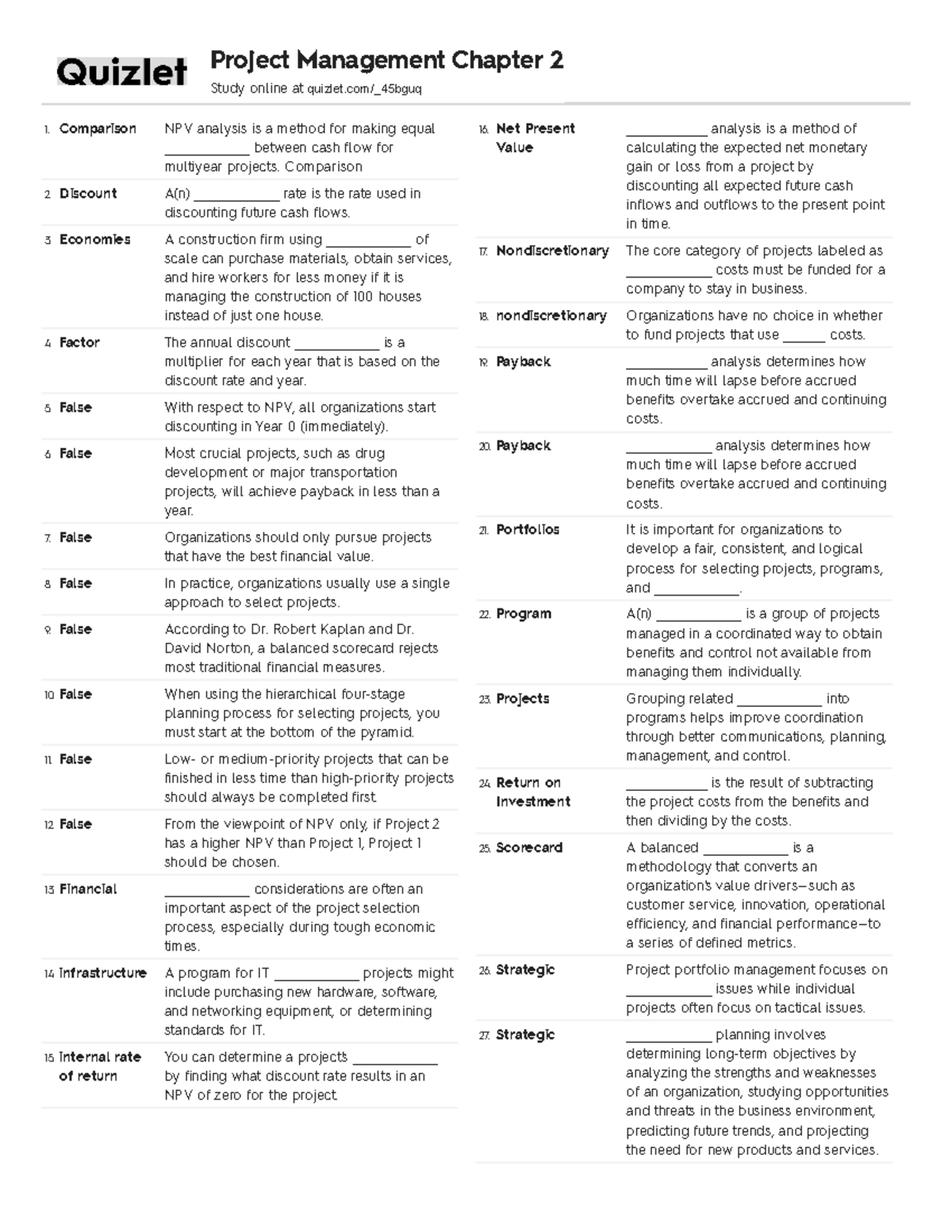 Quizlet ch. 2 notes 40 questions Project Management Chapter 2 Study