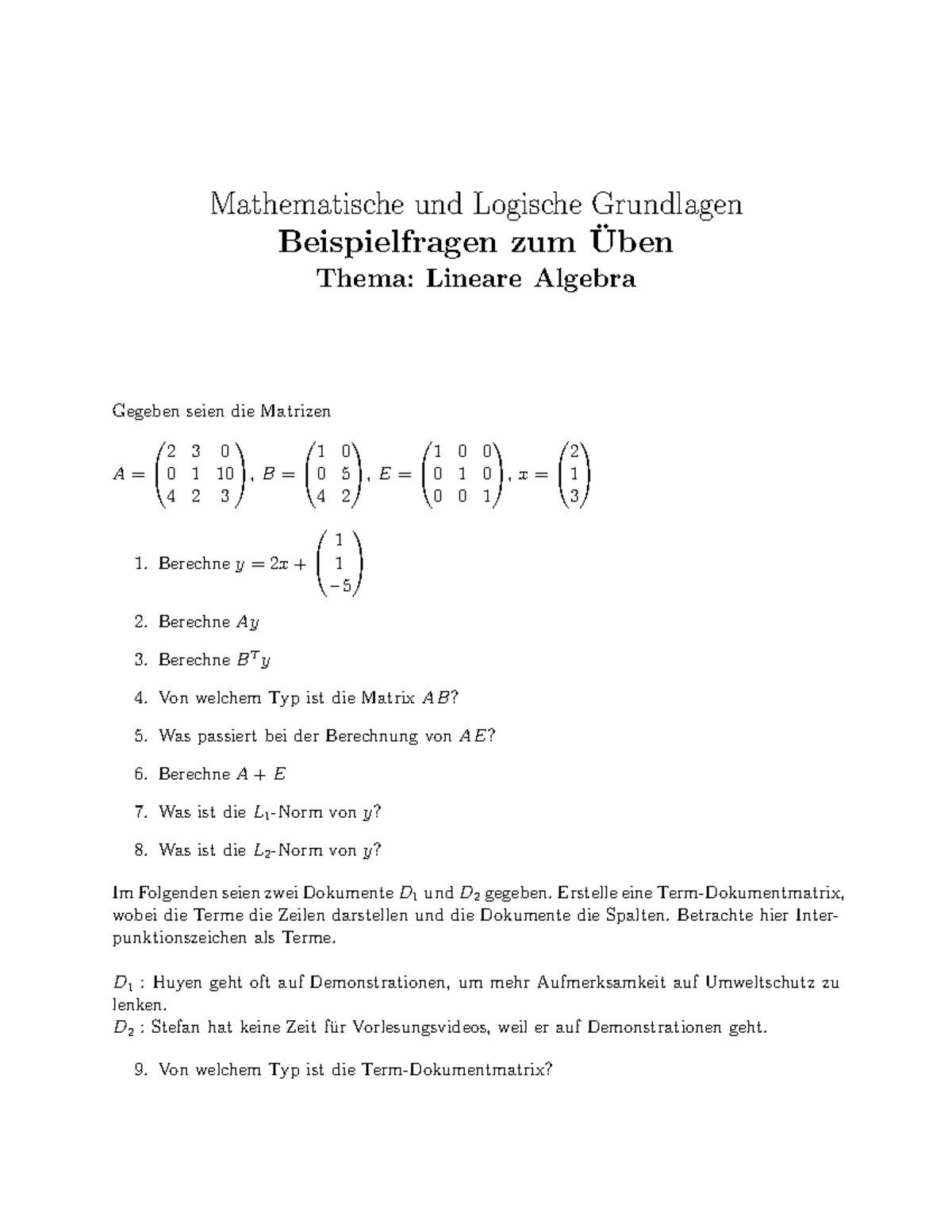 Algebra übung - Vektoren und Matrizenrechnungen - Mathematische und ...