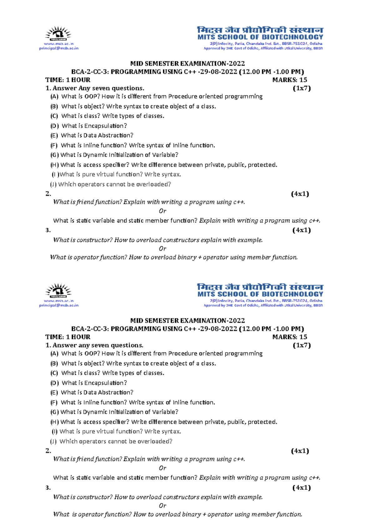 C++ Internal - MID SEMESTER EXAMINATION- BCA-2-CC-3: PROGRAMMING USING ...