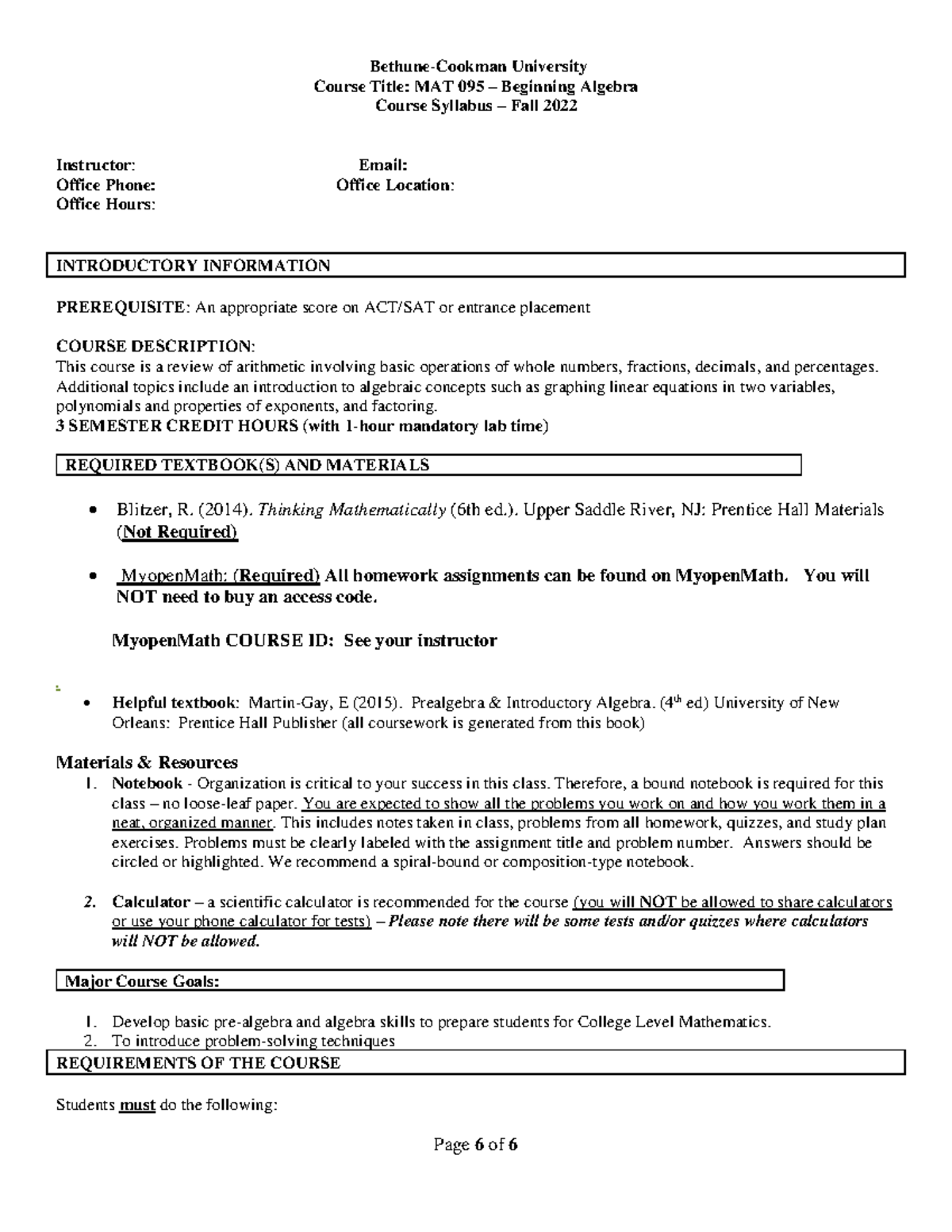 MAT 095 Syllabus Template Fall 2022 - Bethune-Cookman University Course ...