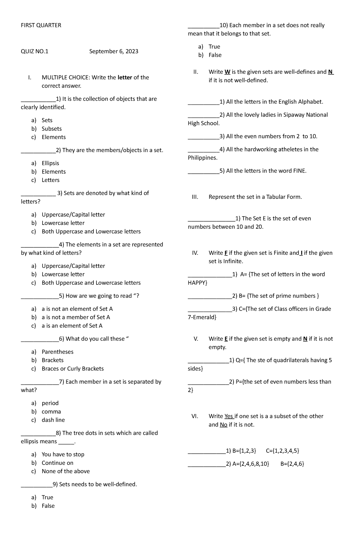 Grade 7 quiz - quiz - FIRST QUARTER QUIZ NO September 6, 2023 I ...