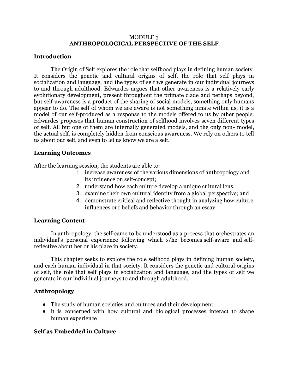 Module 3 Anthropological Perspective OF THE SELF MODULE 3 