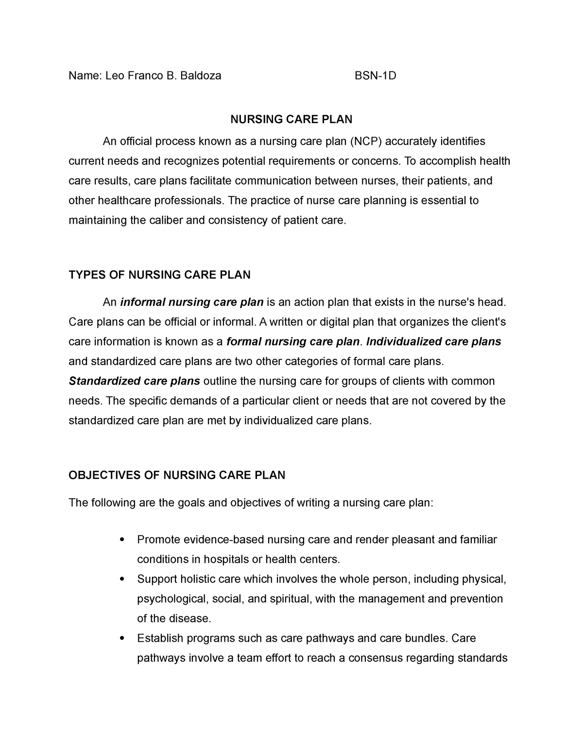 Nursing Care Plan And Nightingale's Environmental Theory - Name: Leo 