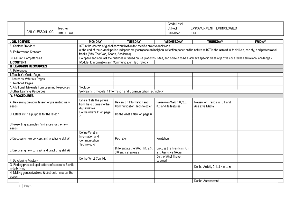 WEEK1 - UCSP Week 1 - DAILY LESSON LOG Grade Level Teacher Subject ...