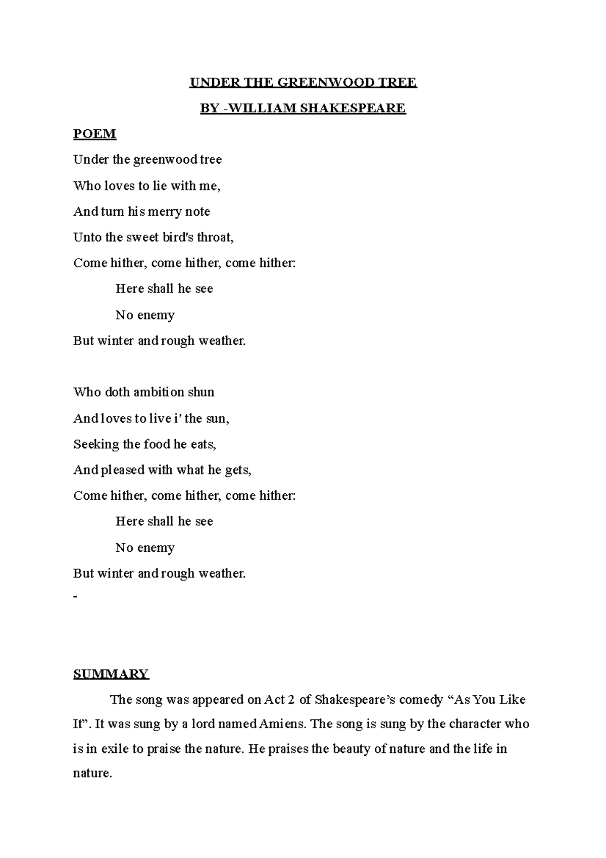 Under THE Greenwood TREE - UNDER THE GREENWOOD TREE BY -WILLIAM ...