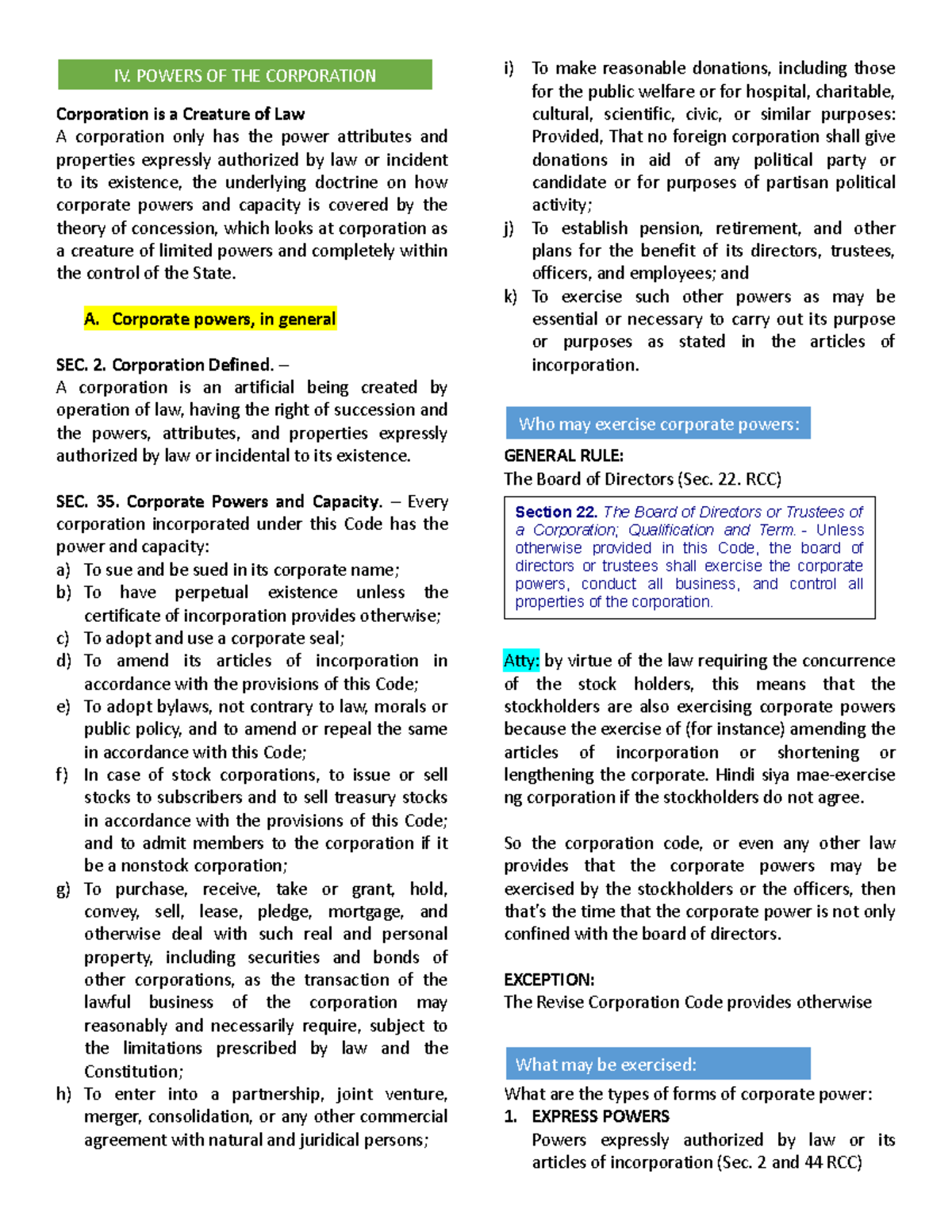 Corporation Notes layout - Corporation is a Creature of Law A ...