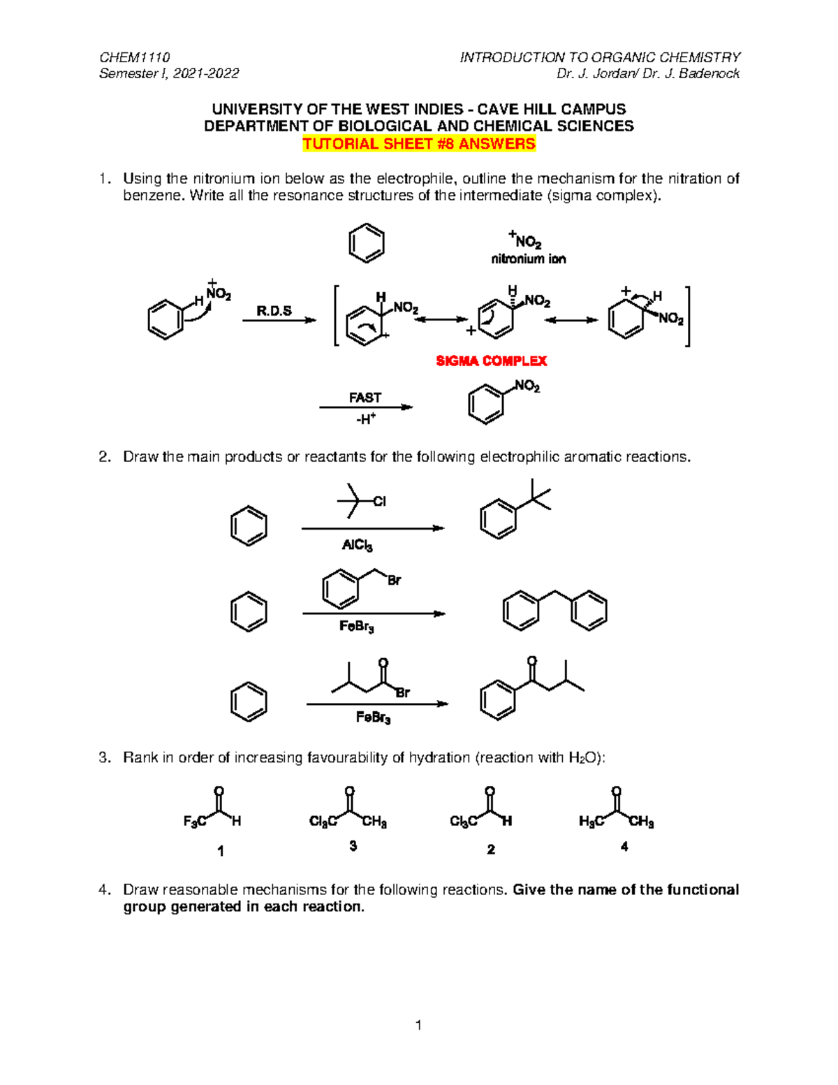 CHEM1110 Tutorial #8 2021-2022 Answers - Semester I, 2021-2022 Dr. J ...