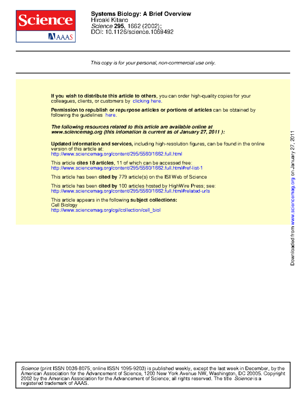 Kitano s02 - jiihu - DOI: 10/science. Science 295 , 1662 (2002 ...