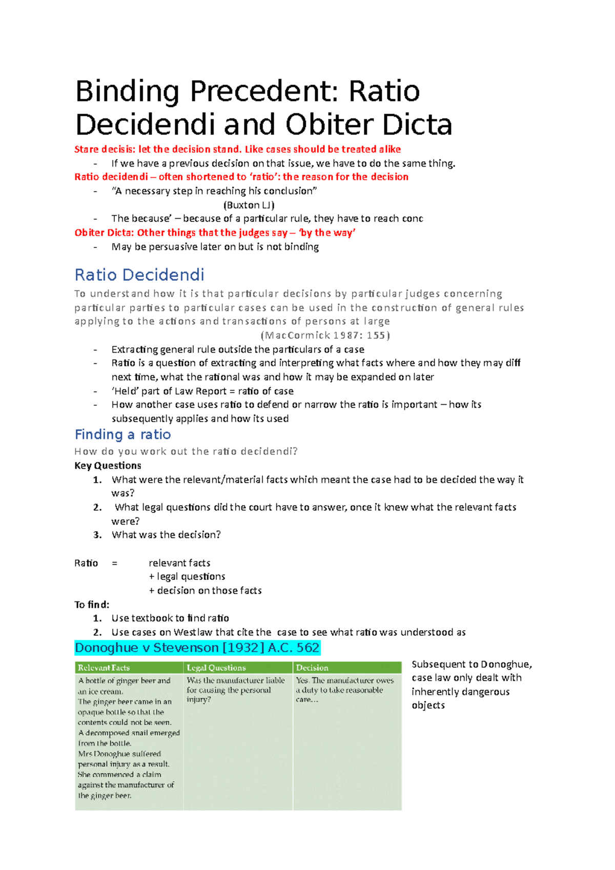Ratio Decidendi and Obiter Dicta Binding Precedent Ratio Decidendi and Obiter Dicta Stare
