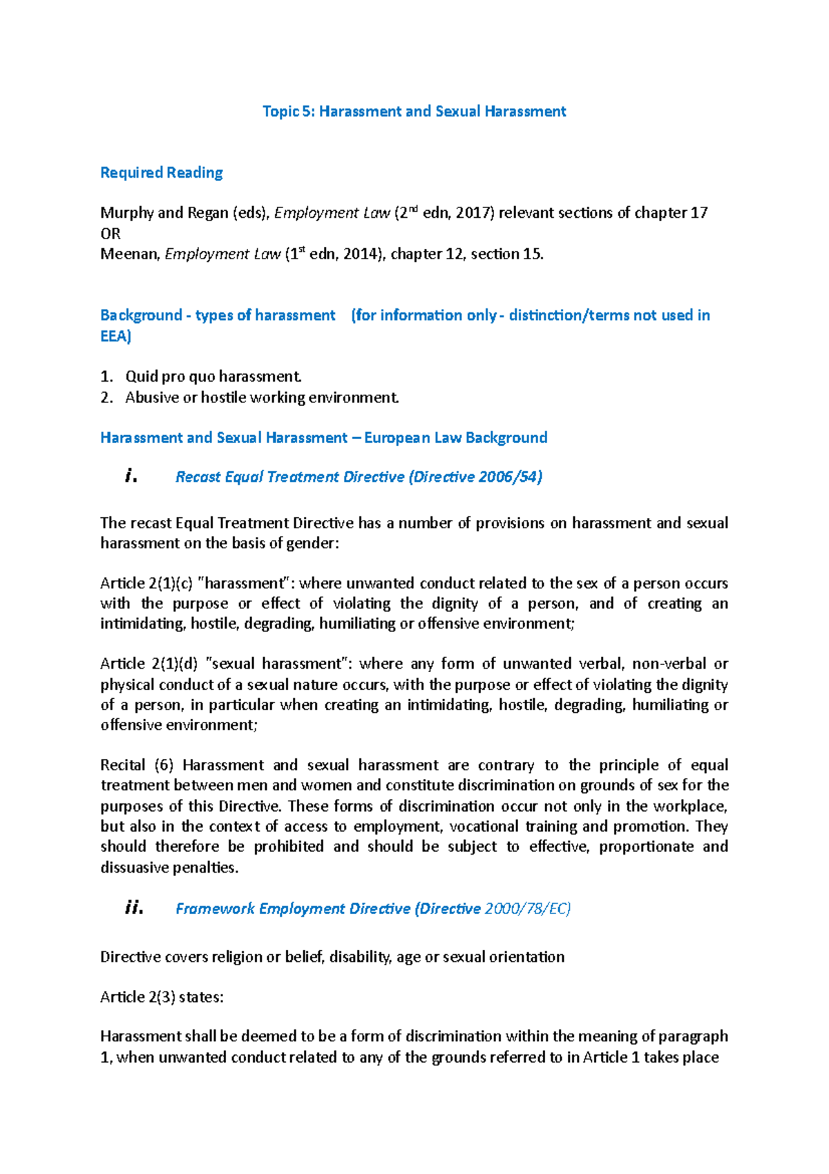 Topic 5 - Harassment and sexual harassment class notes - Topic 5 ...