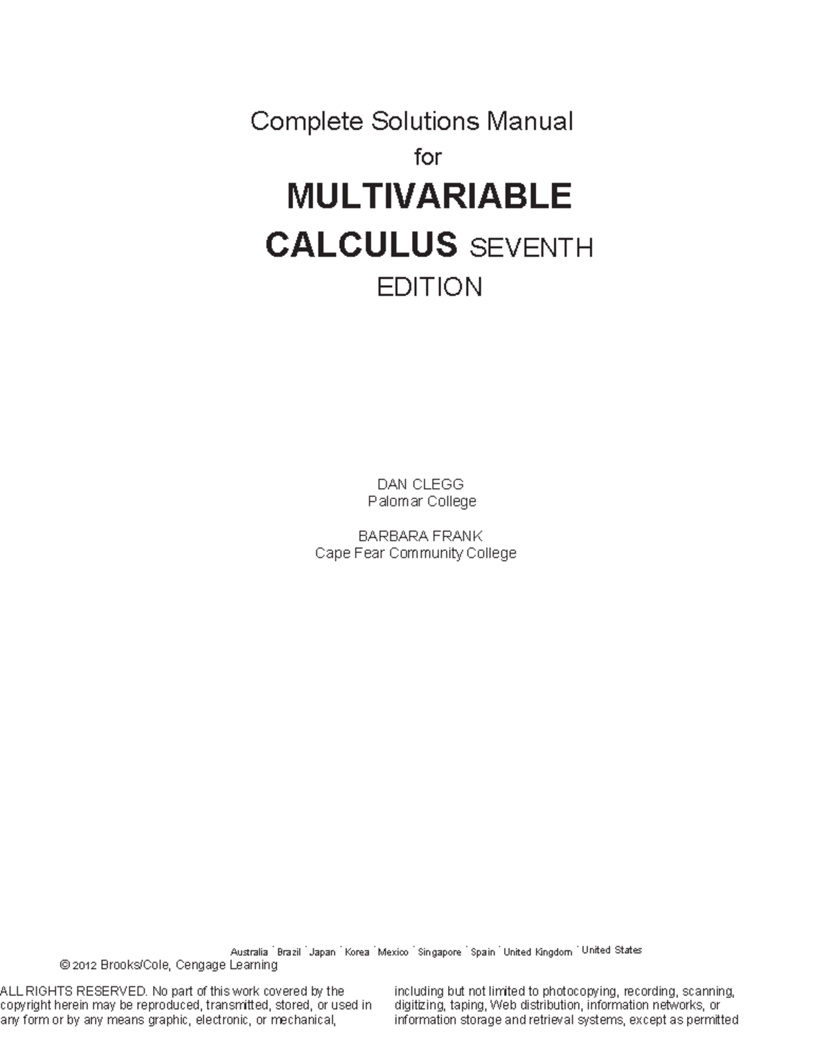 Complete Solutions Manual for Multivariable Calculus Early