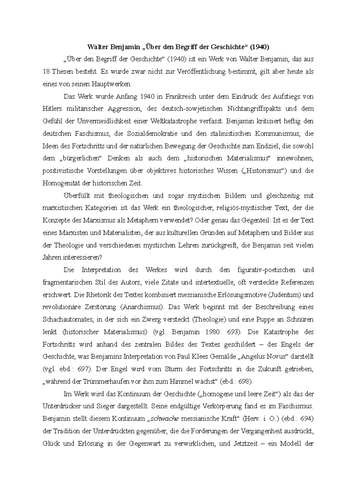 über Den Begriff Der Geschichte Walter Benjamin „Über den Begriff der Geschichte“ (1940) - Es wurde