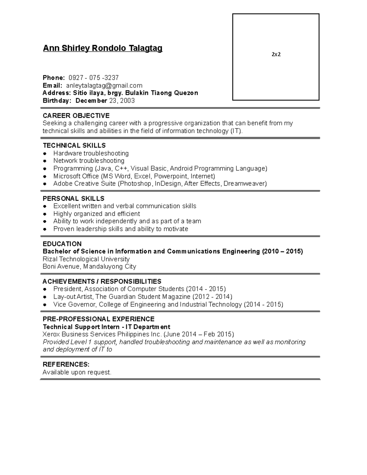 Job Street-Sample-Resume-1 - Ann Shirley Rondolo Talagtag Phone: 0927 ...