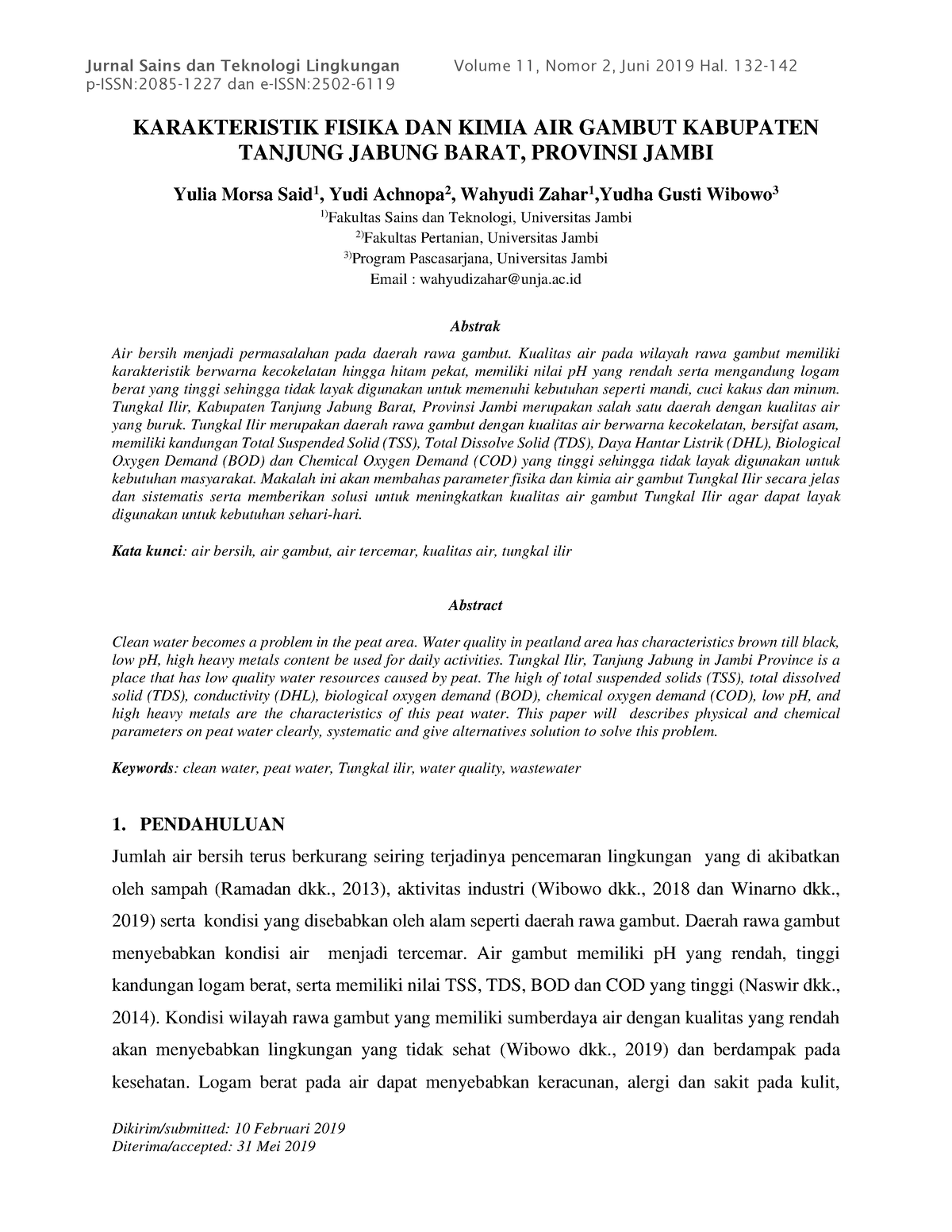 Penelitian Air Gambut Jurnal Sains Dan Teknologi Lingkungan P Issn2085 1227 Dan E Issn2502