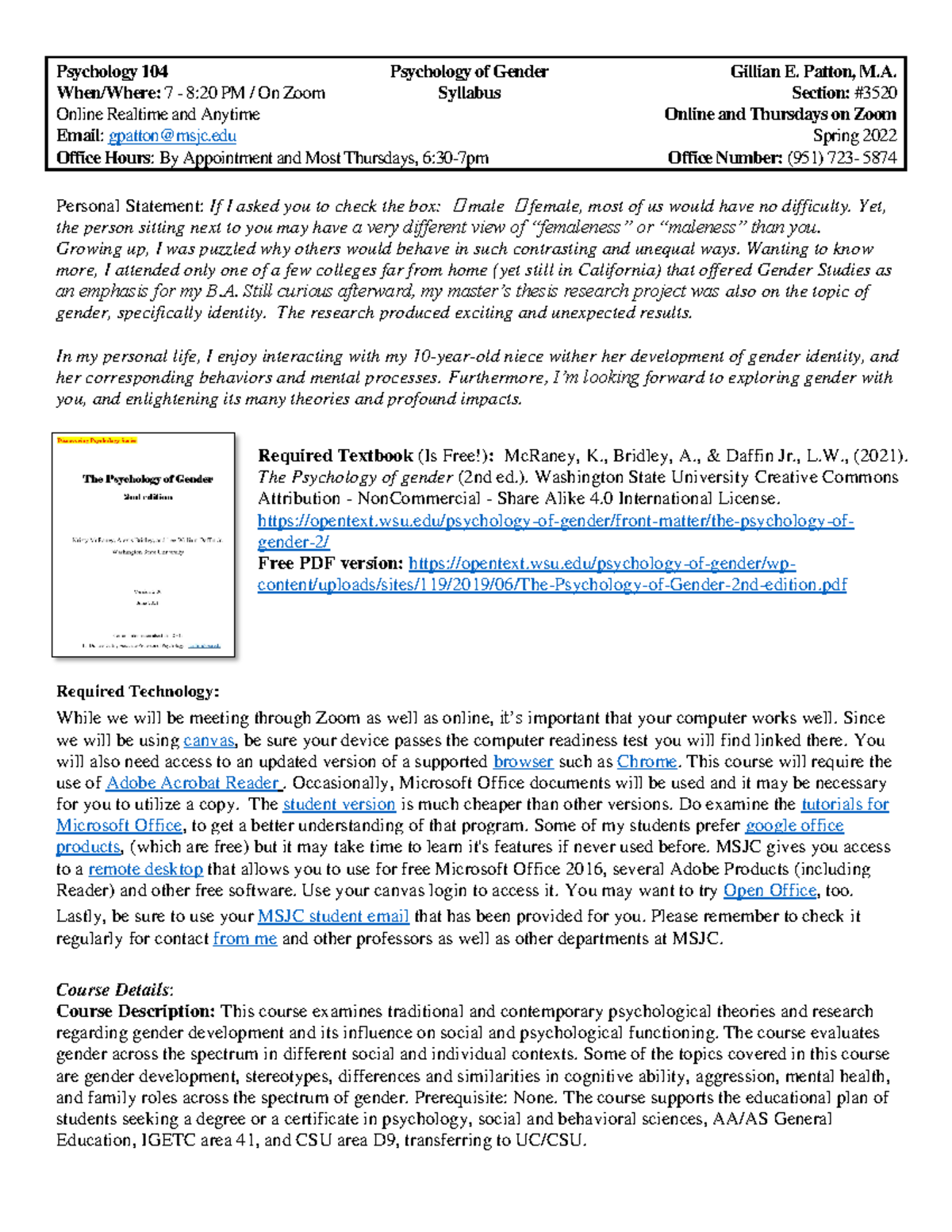 Psych 104 Syllabus Psychology 104 Psychology of Gender Gillian E