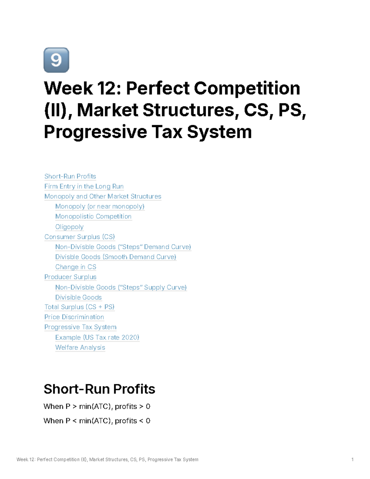 Econs Week 12 Notes - 󾠶 Week 12: Perfect Competition (II), Market ...
