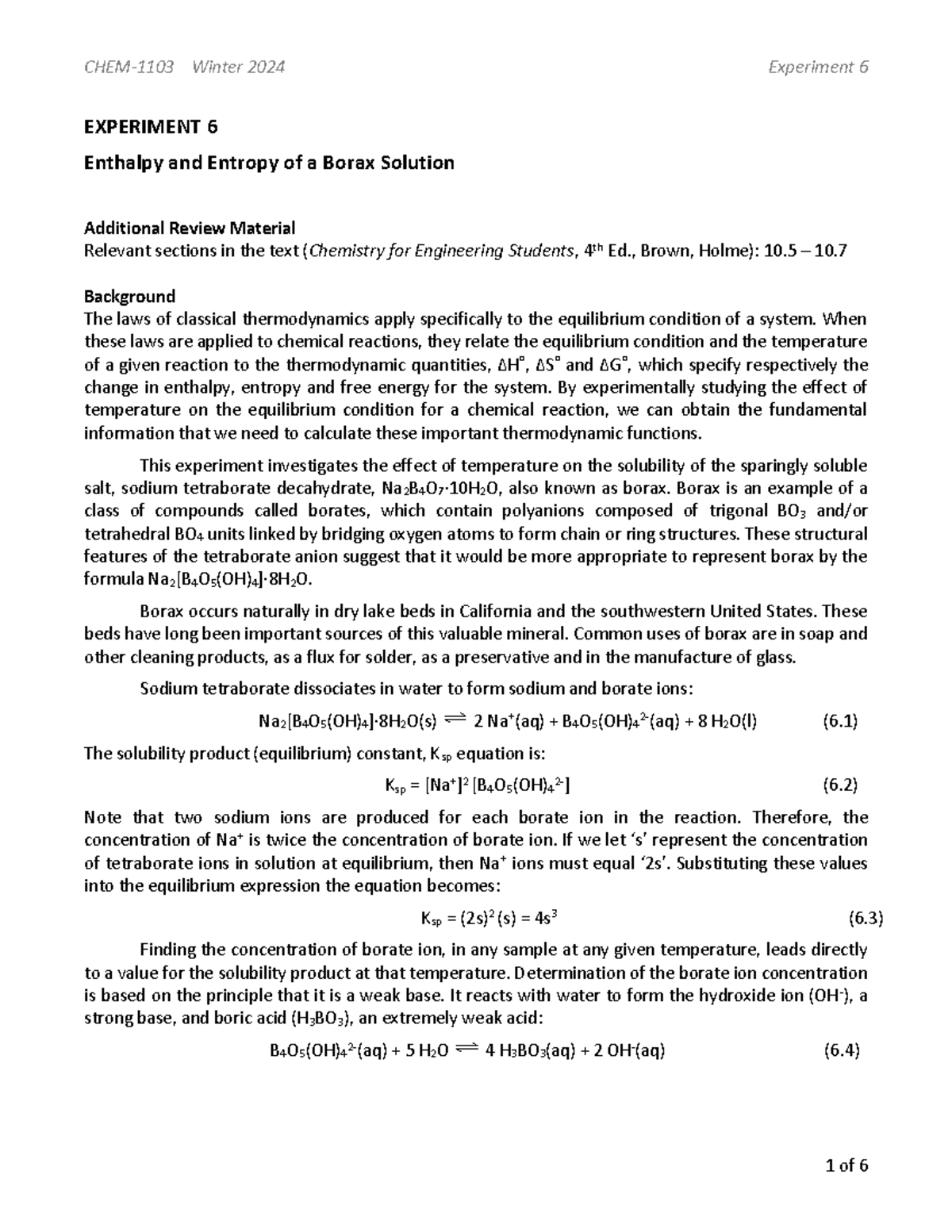 Exp. 6 Enthalpy and Entropy of Borax - EXPERIMENT 6 Enthalpy and ...
