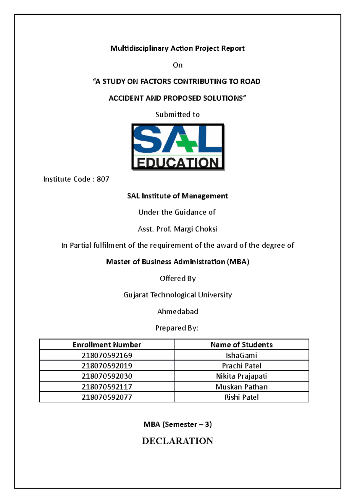 Multidisciplinary Action Project Report Prof. Margi Choksi In Partial