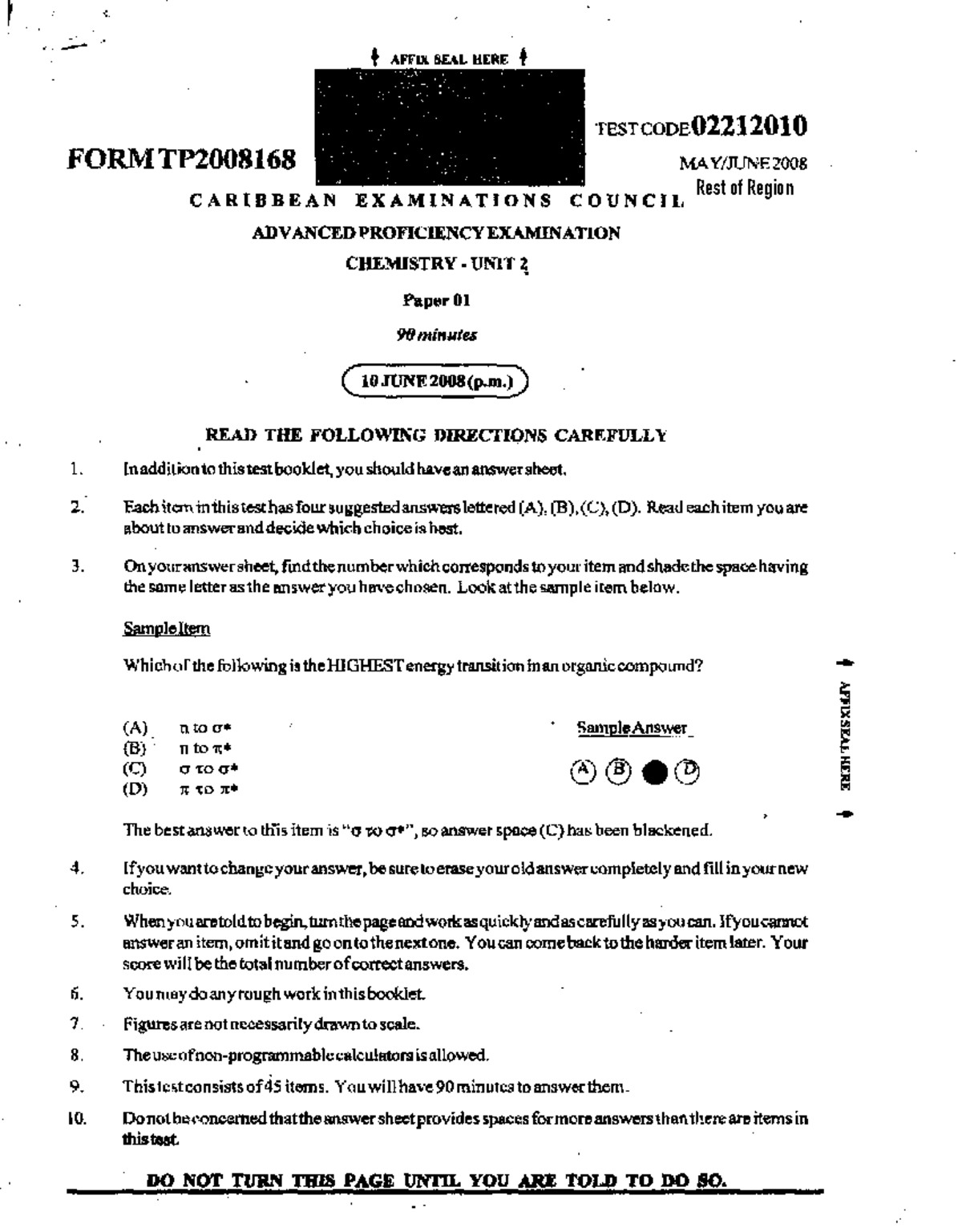 Chemistry U2 P1s Answers · Affix Seal Here Testcode