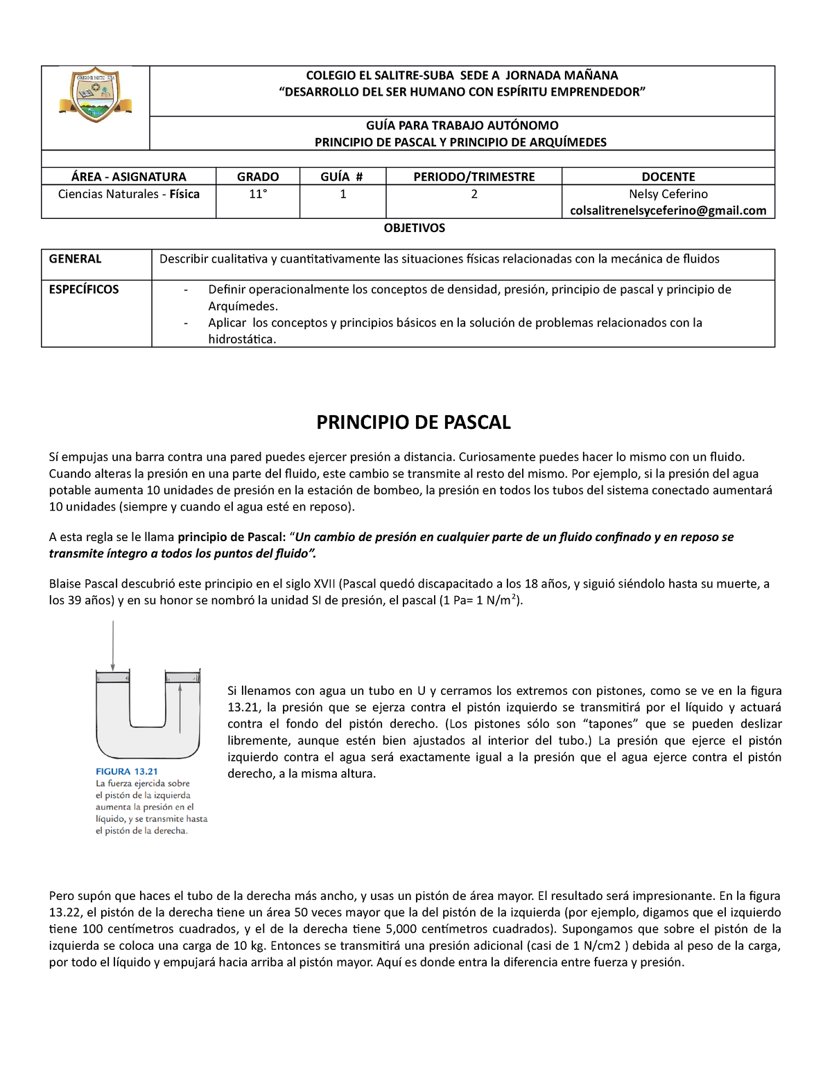 Guia Principio De Pascal Y Arquimedes 2023 F11 - COLEGIO EL SALITRE ...