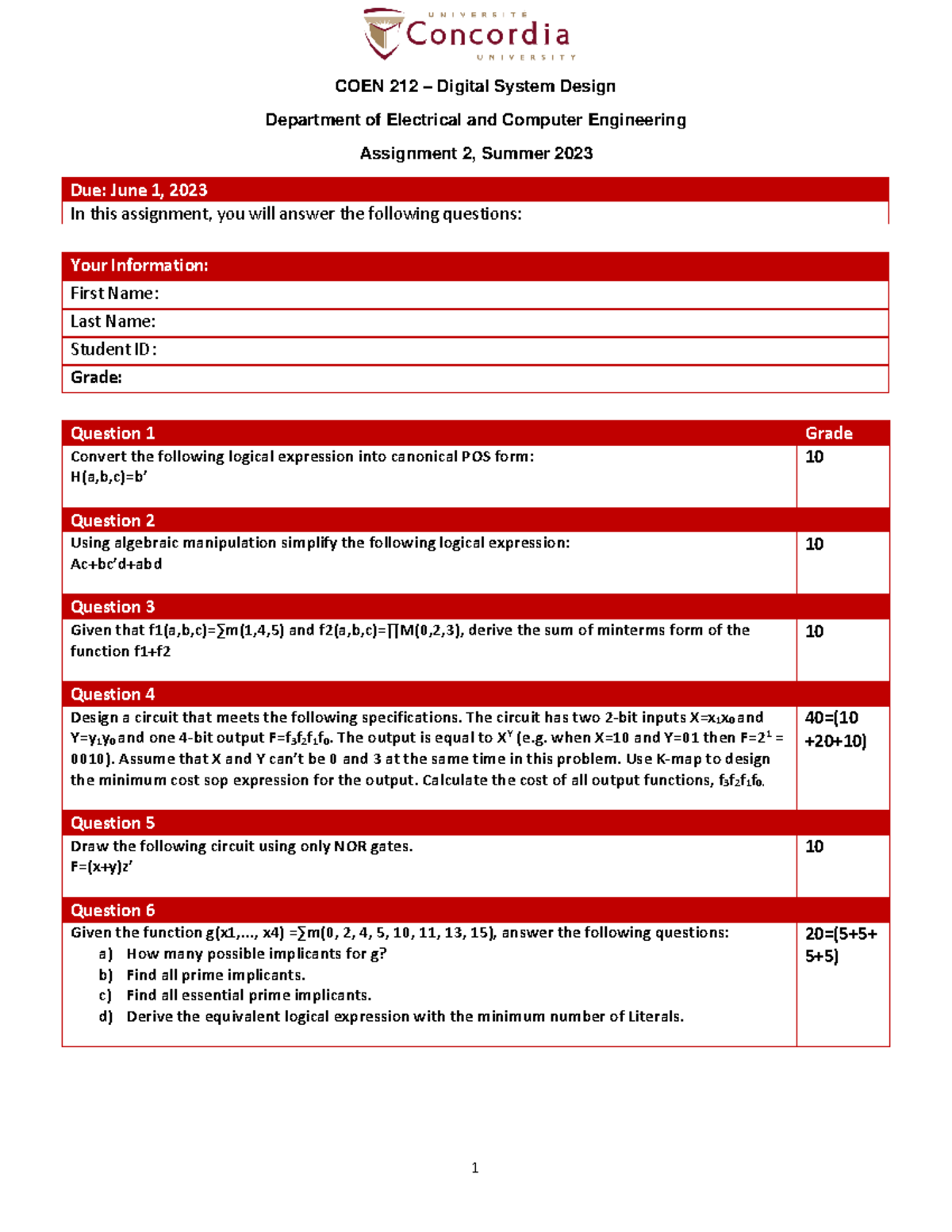 Assignment 2 summer 2023 - 1 COEN 212 – Digital System Design ...