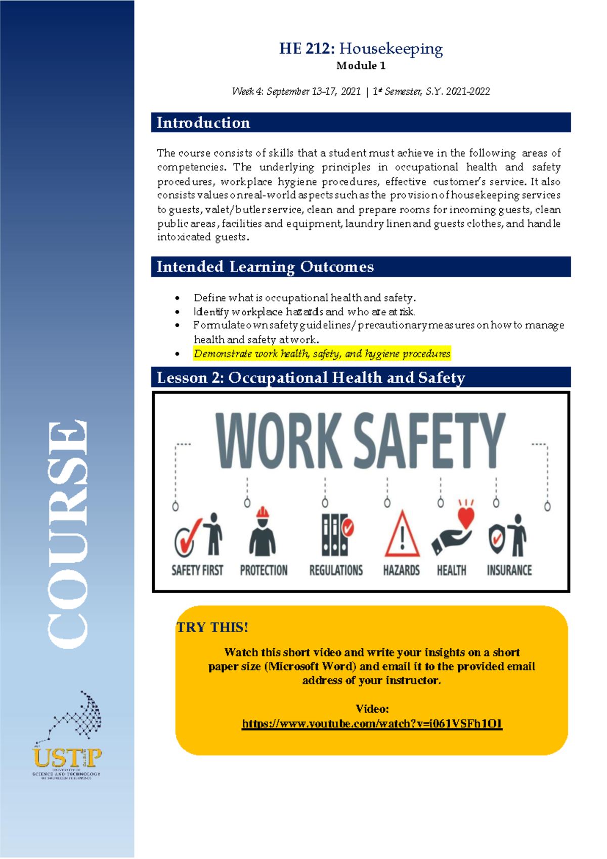Module 1 hOUSEKEEPING HE 212 Housekeeping Module 1 Week 4