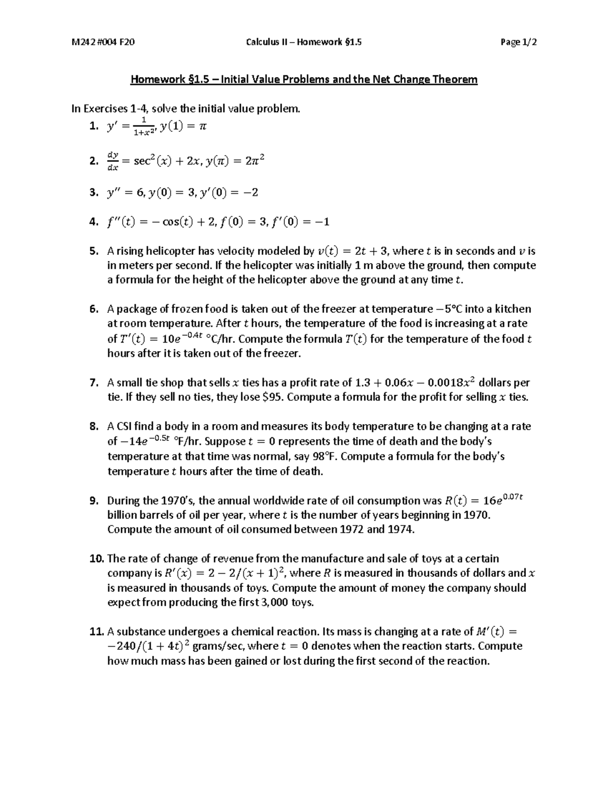 Math242-Practice 1 - Practice Problems 1.5 - M242 #004 F20 Calculus II ...