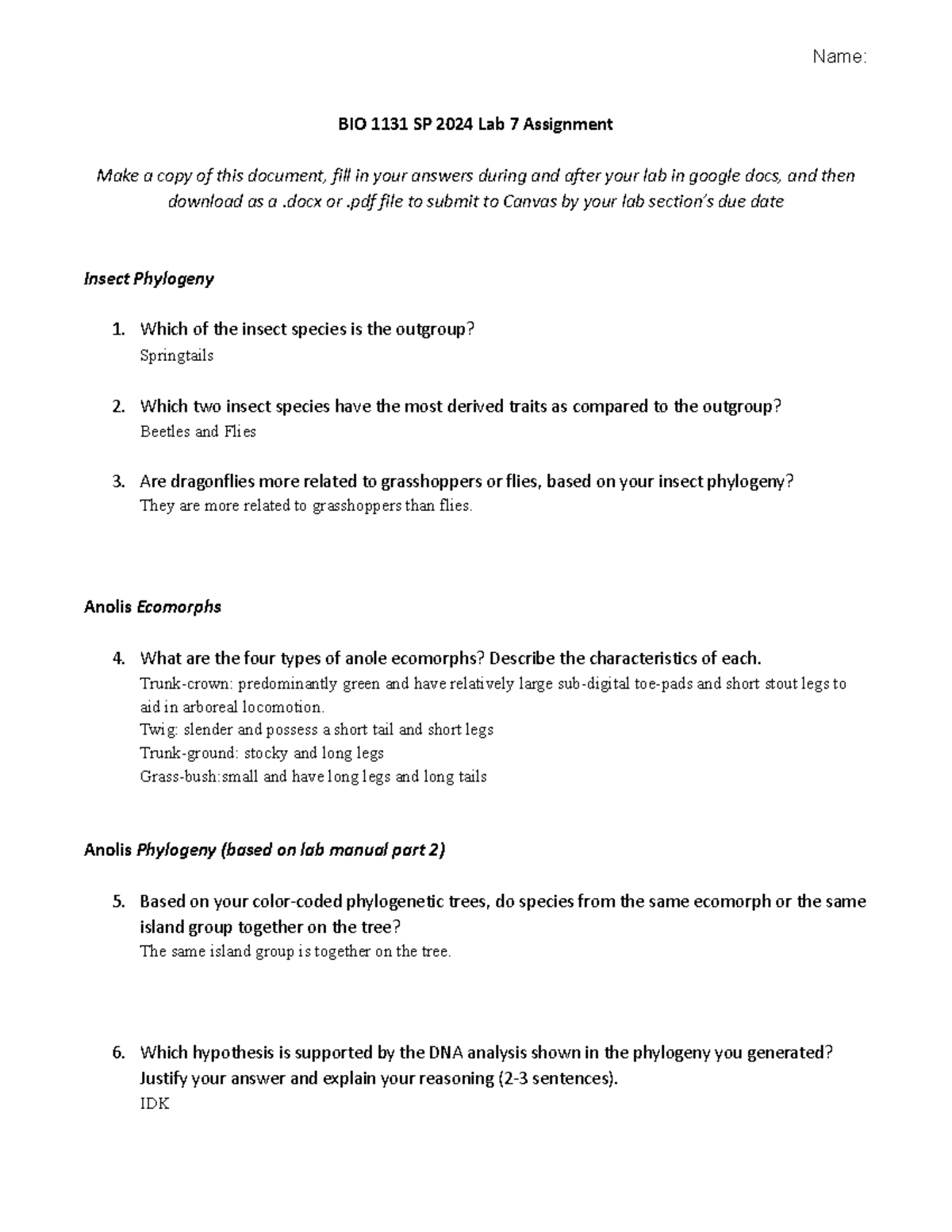 Copy of SP 24 BIO 1131 Lab Exercise 7 Phylogeny - Name: BIO 1131 SP ...