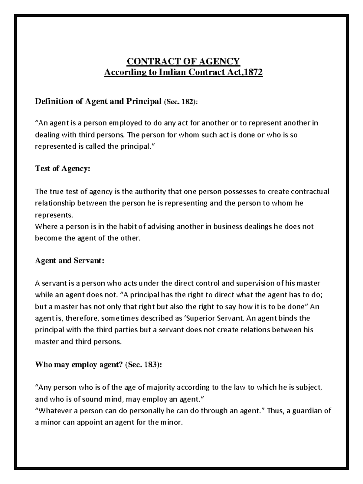 Contract OF Agency CONTRACT OF AGENCY According to Indian Contract