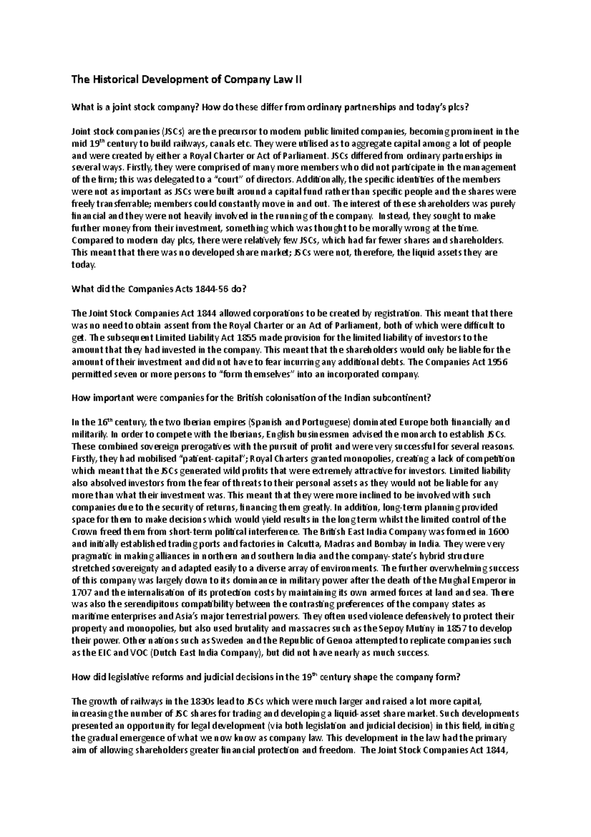 The Historical Development of Company Law II - They were utilised as to ...