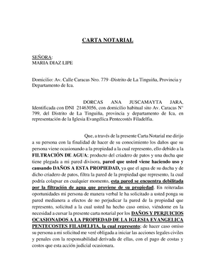 Carta Notarial - Iglesia Filadelfia - CARTA NOTARIAL SEÑORA: MARIA DIAZ  LIPE Domicilio: Av. Calle - Studocu