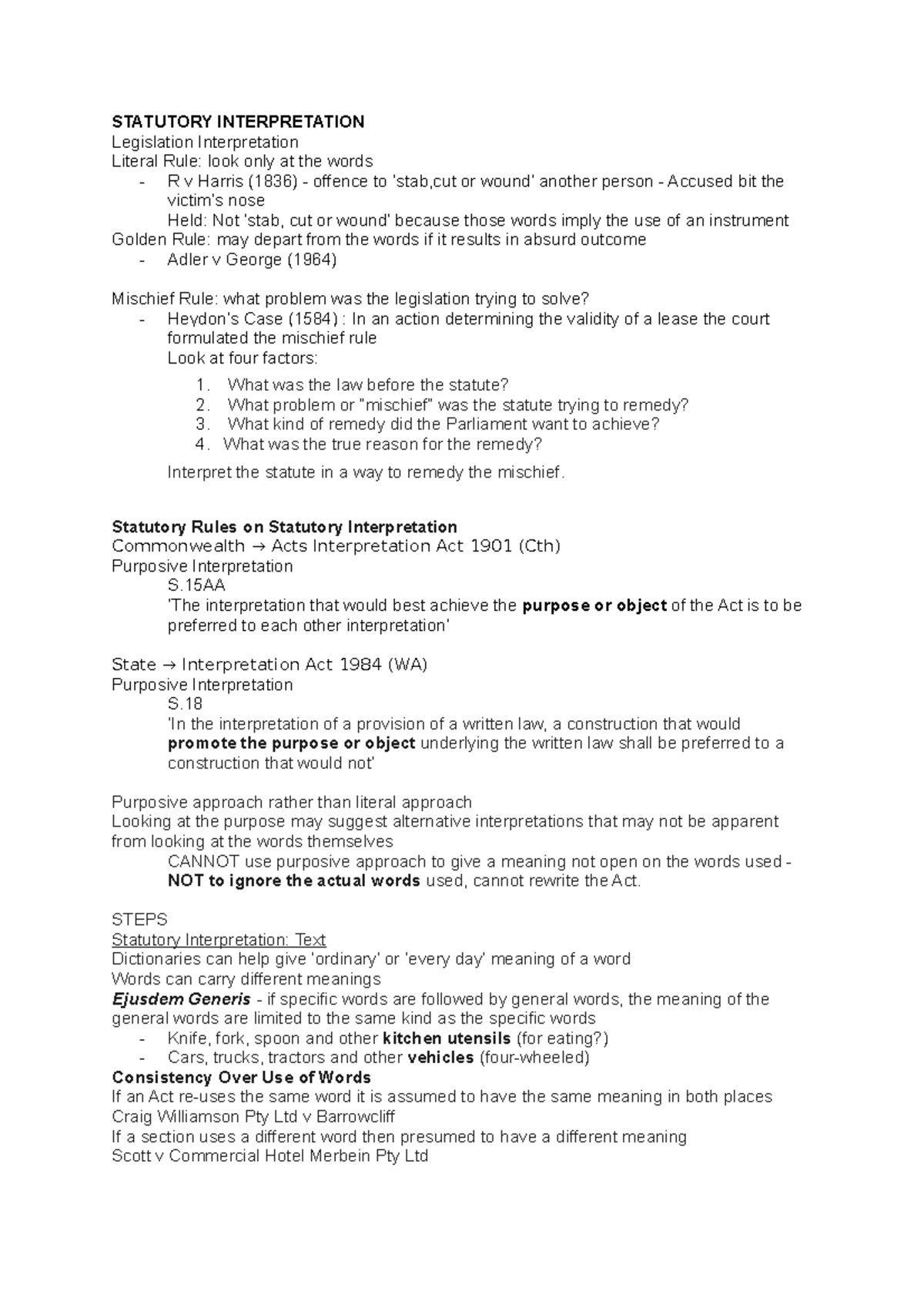 LAWS1104 Final Exam Notes - STATUTORY INTERPRETATION Legislation ...