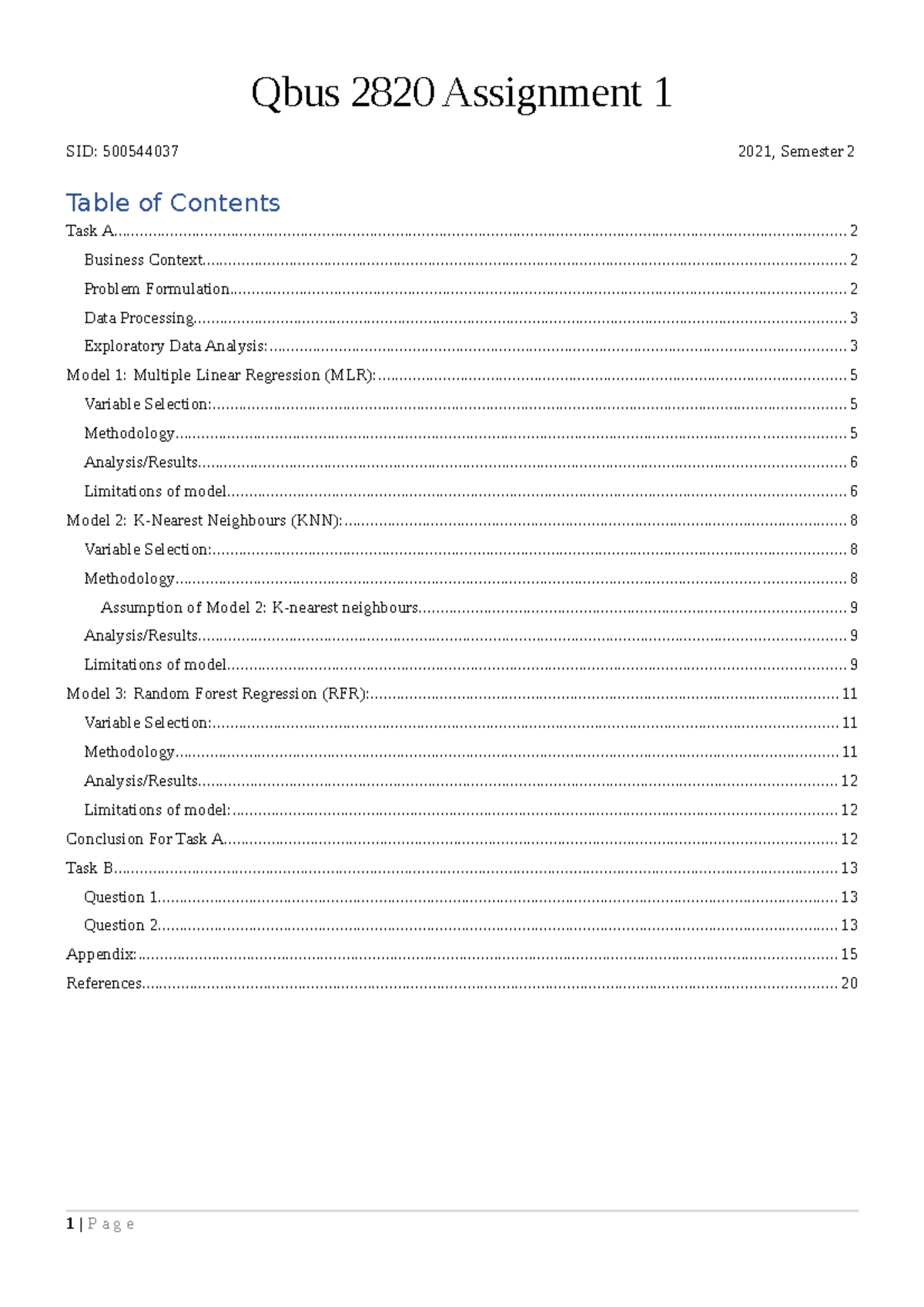 QBUS 2820 Assignment 1 - qbus2820 assigment 20212022 - Table of ...