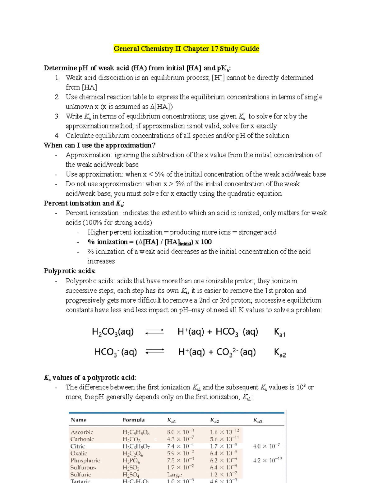General Chemistry II Chapter 17 Study Guide Pt 7 General Chemistry II Chapter 17 Study Guide